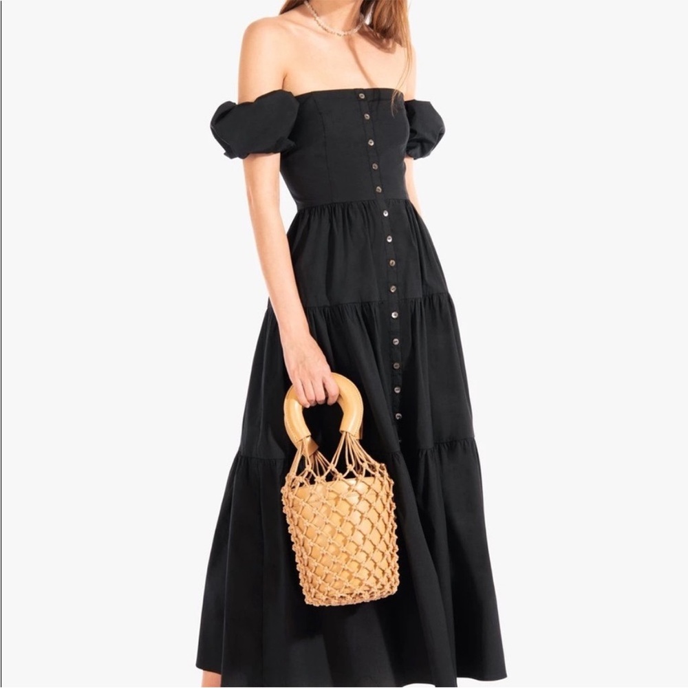 STAUD Elio Black Tiered Off-Shoulder Midi Dress